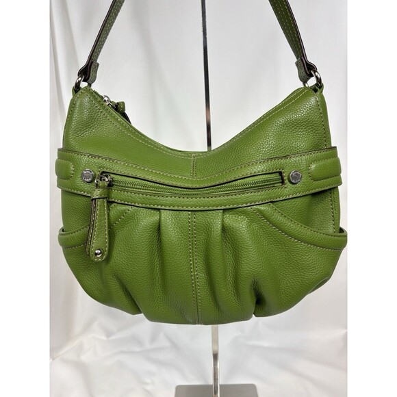 Tignanello Grass Kelly Green Leather Crescent Hobo Shoulder Bag Pockets - Picture 1 of 11